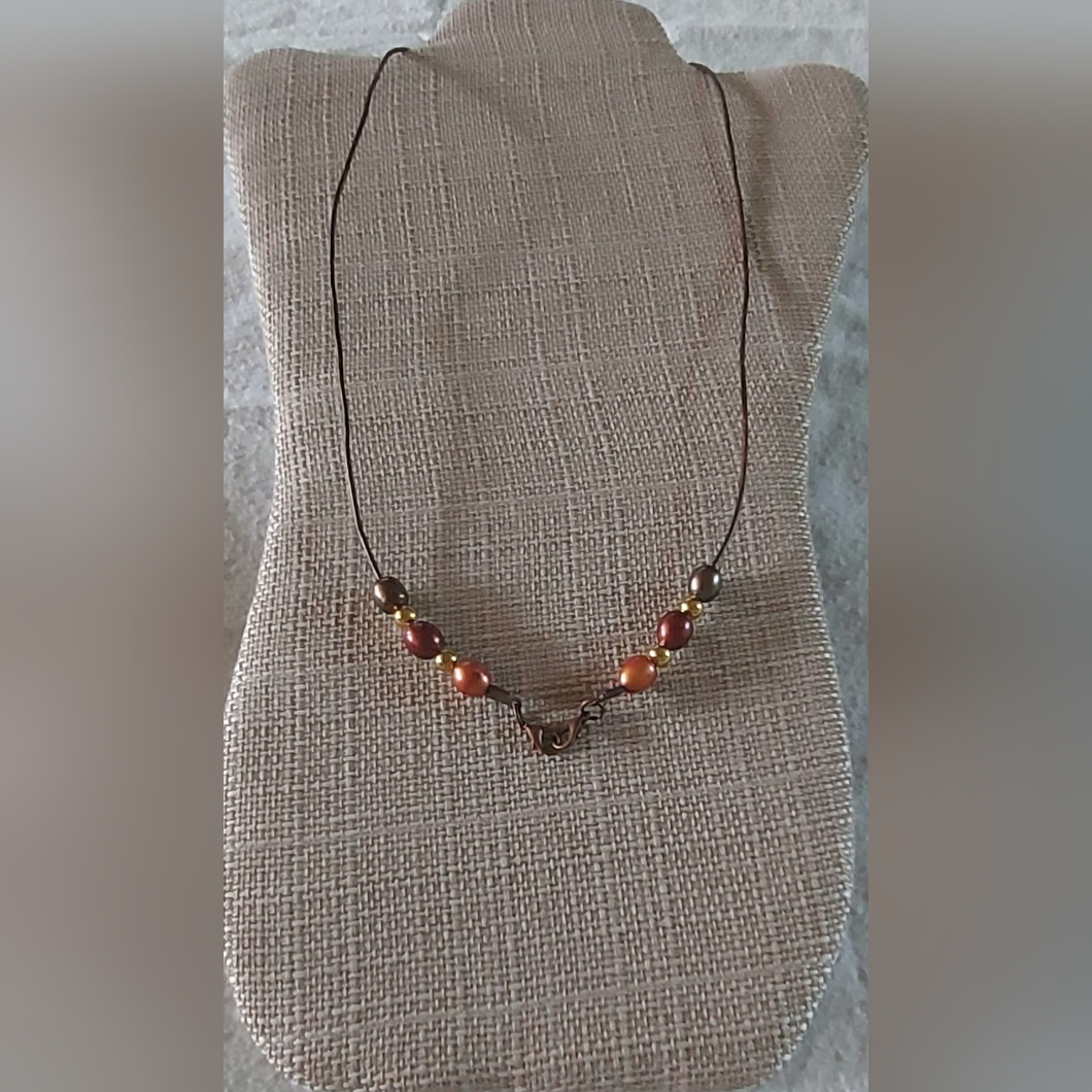 New Handmade Peacock Wine Peach Pearl Brown Metallic Leather Necklace 25$